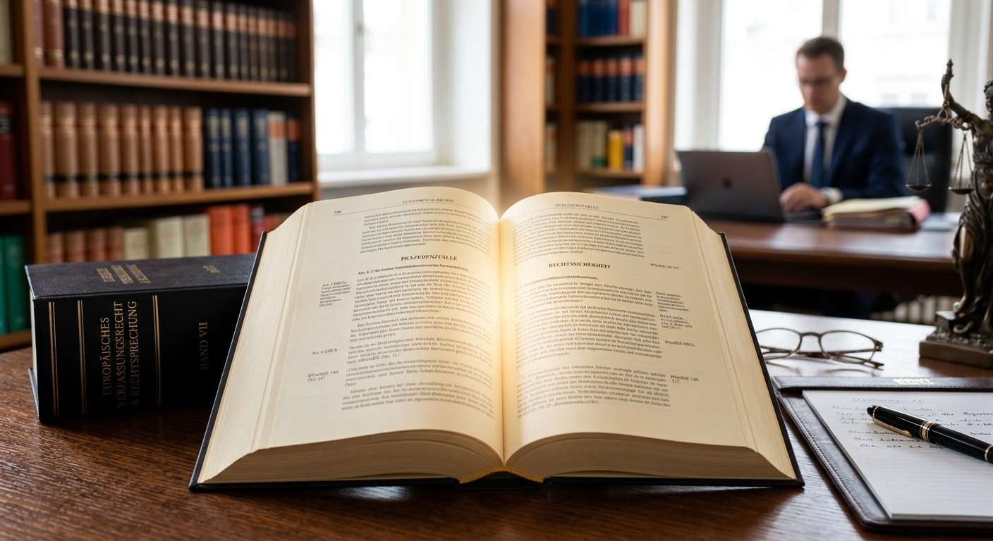 Ein aufgeschlagenes, prestigeträchtiges Gesetzbuch, aus dem ein sanftes Licht strahlt, das Klarheit und die wegweisende Entscheidung eines Bundesgerichts darstellt.