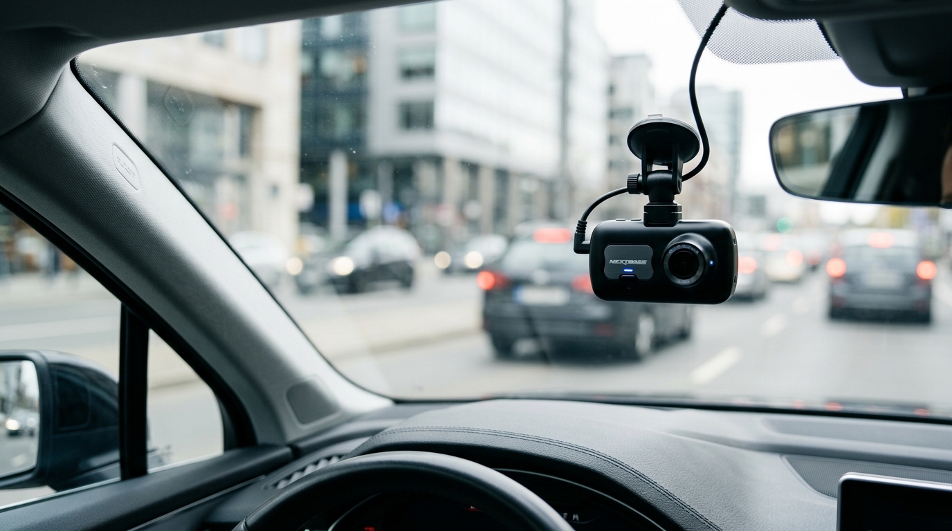 Eine moderne Dashcam ist an einer Windschutzscheibe montiert, mit einem unscharfen Stadthintergrund, der die technologische Beweissicherung im Straßenverkehr symbolisiert.