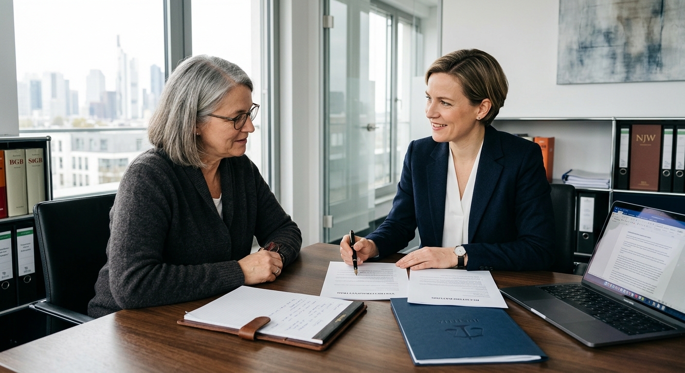 Ein modernes Büro oder Kanzleiumfeld, das einen Anwalt im Gespräch mit einem Mandanten darstellt, um die Beratung und Unterstützung bei rechtlichen Angelegenheiten zu symbolisieren.