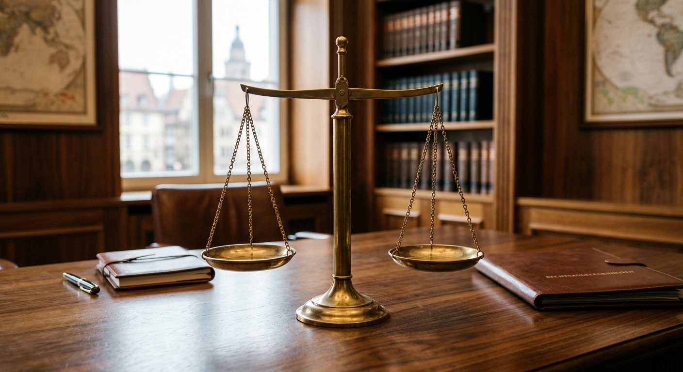 Eine Waage der Gerechtigkeit auf einem polierten Holztisch, um das Konzept des Schadensersatzrechts und der gerechten Entschädigung darzustellen.