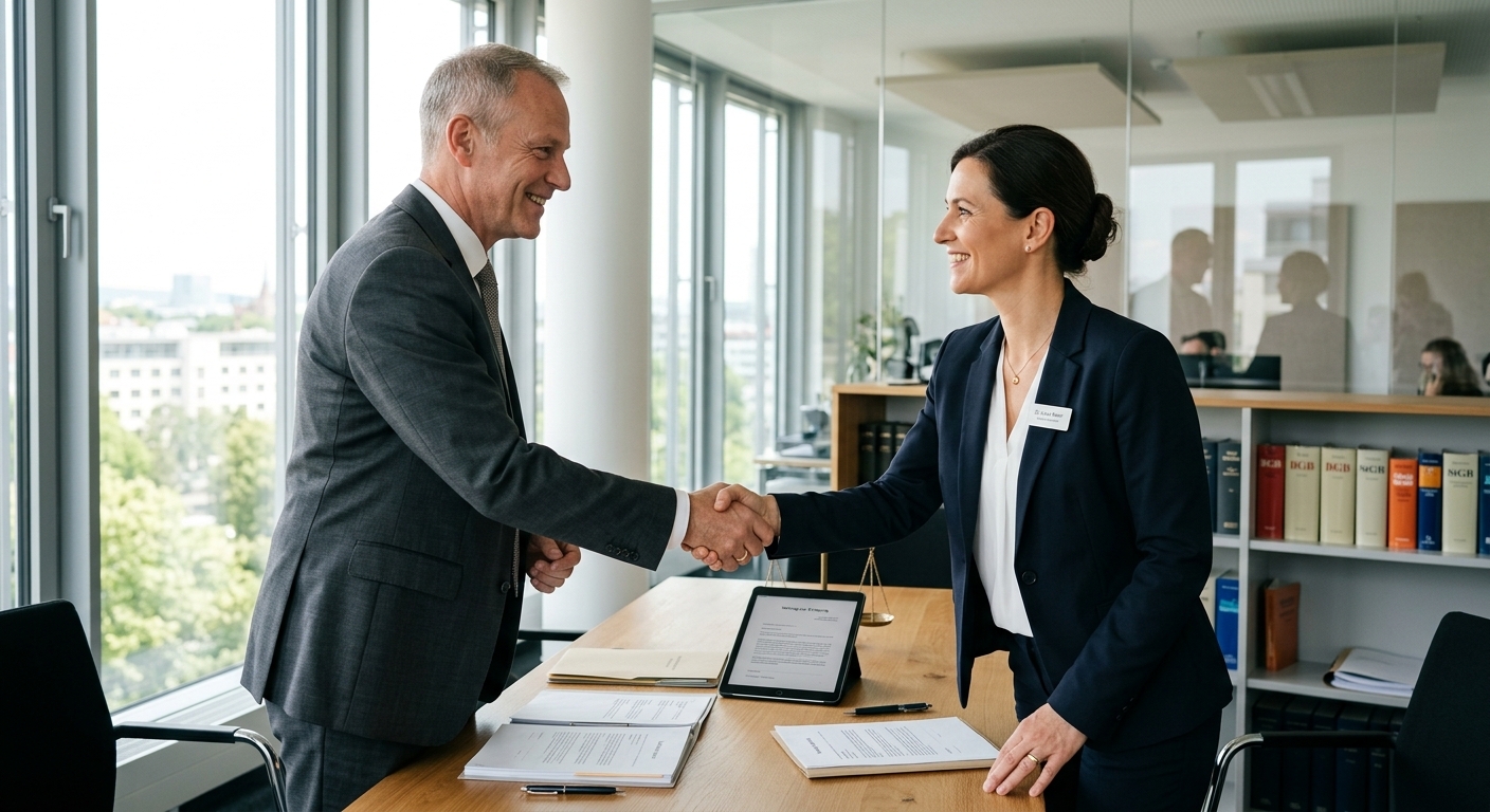 Ein zufriedener Klient schüttelt einem Anwalt die Hand in einem professionellen Umfeld, symbolisierend eine erfolgreiche Lösung und Unterstützung nach einem Unfall.