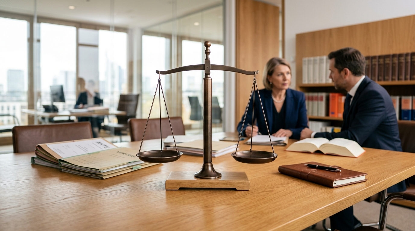 Eine abstrakte Darstellung von Gerechtigkeit und rechtlicher Unterstützung, die Stabilität und Ausgleich symbolisiert.