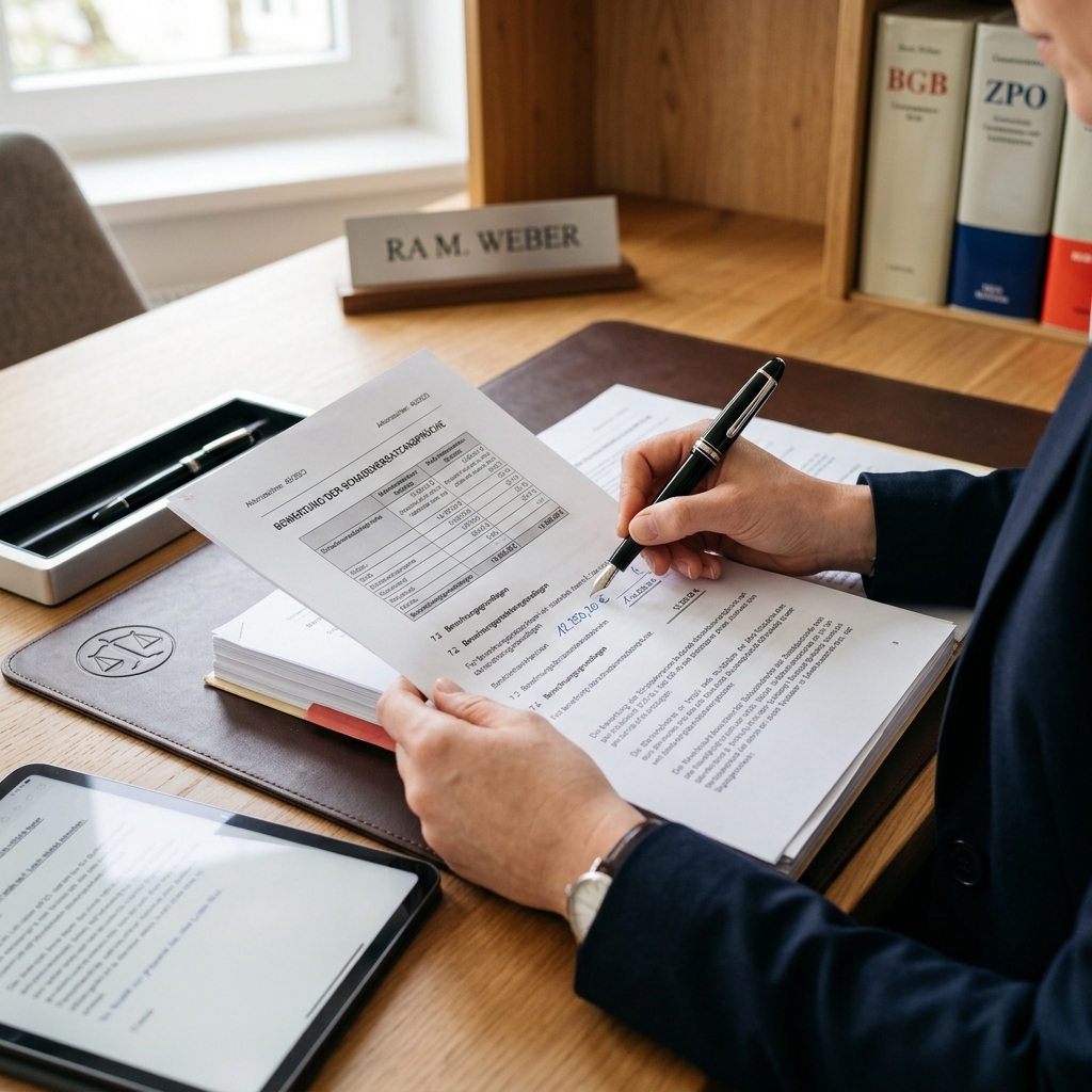 Eine Nahaufnahme von Händen, die wichtige Dokumente und Zahlen überprüfen, um die Komplexität der Schmerzensgeldberechnung darzustellen.
