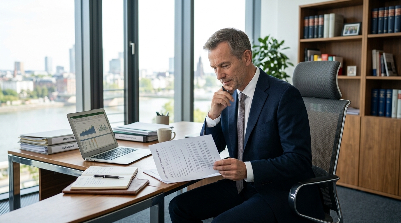 Eine Person sitzt entspannt an einem modernen Schreibtisch und überblickt Dokumente, symbolisiert die finanzielle Freiheit und Entscheidungsfreiheit nach einem Unfall ohne die Notwendigkeit einer sofortigen Reparatur. Der Fokus liegt auf Autonomie und informierter Entscheidung.