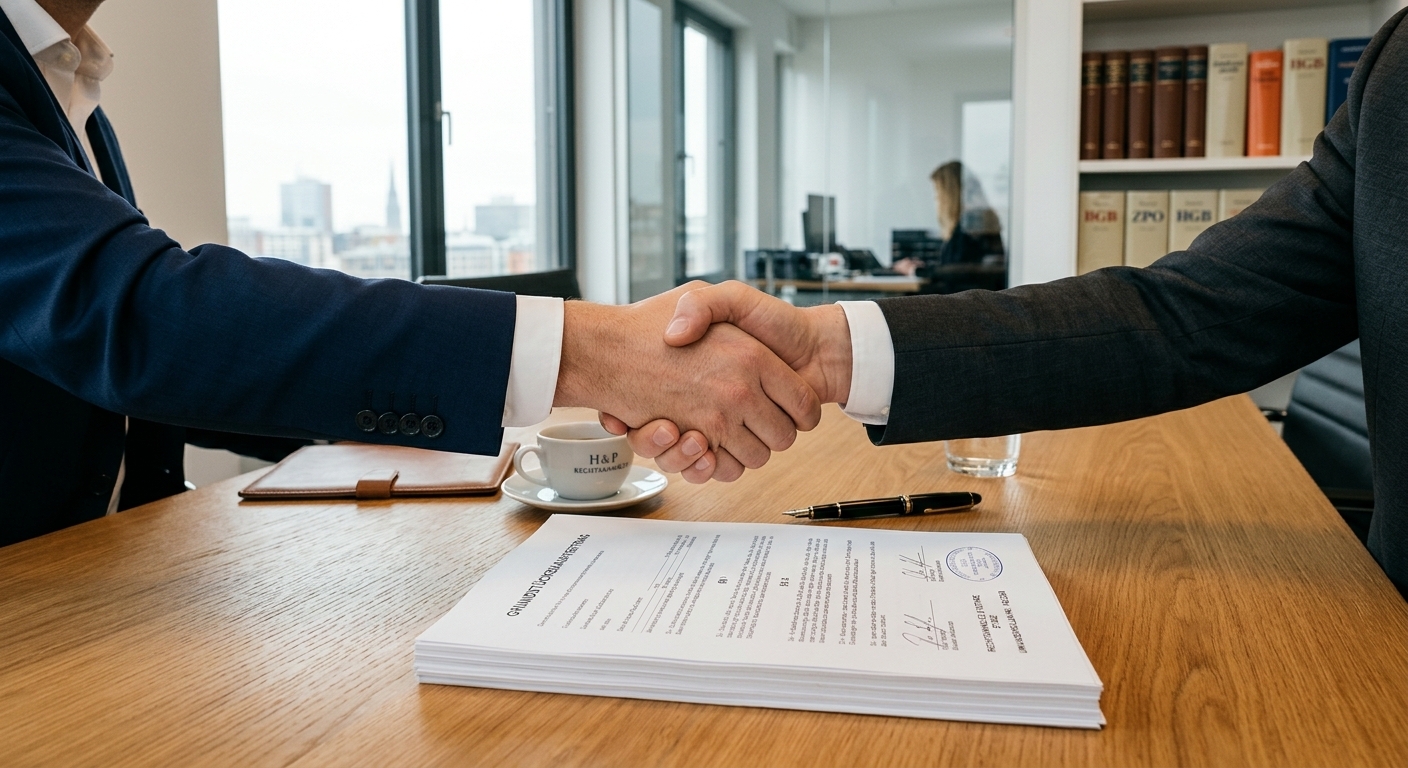 Zwei Hände, die einen symbolischen Handschlag über einem Dokument vollziehen, welches Sicherheit und erfolgreiche Abwicklung der fiktiven Abrechnung darstellt. Der Hintergrund zeigt eine moderne Büroumgebung, die positive Zusammenarbeit und Vertrauen vermittelt.