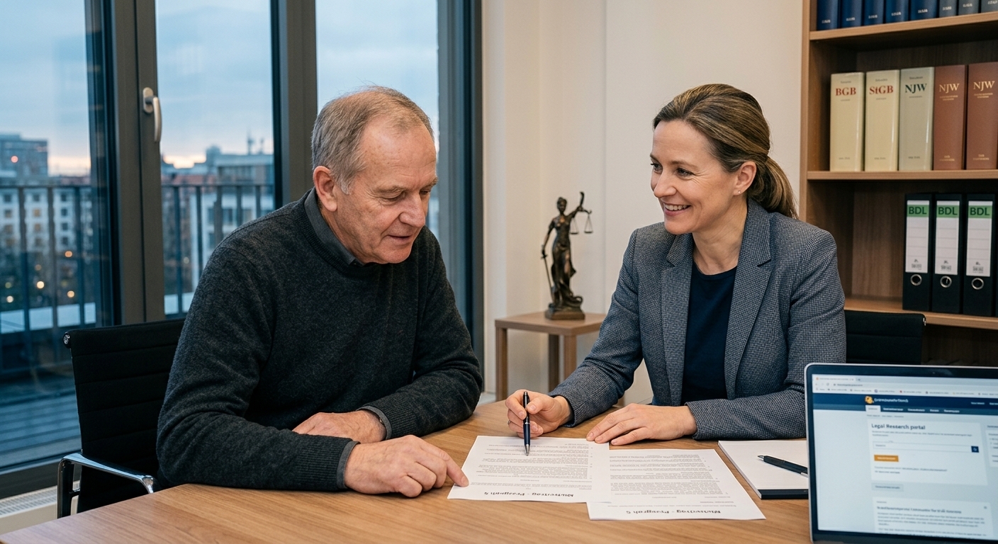 Eine Anwältin oder ein Anwalt, die/der mit einem Mandanten in einem hellen, modernen Büro berät, symbolisiert rechtliche Unterstützung und Klärung komplexer Versicherungsfragen. Der Fokus liegt auf vertrauensvoller Beratung und Expertise.