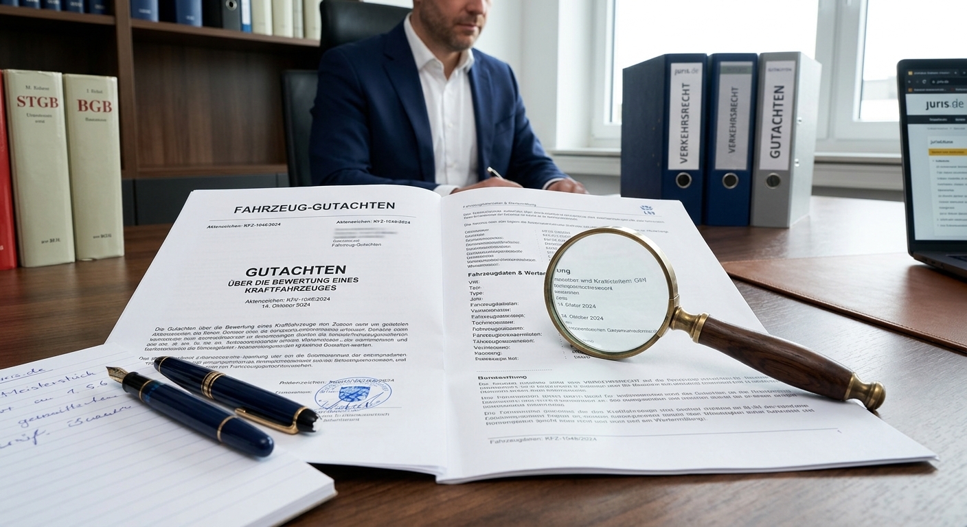 Ein neutraler, professioneller Schreibtisch mit einem sorgfältig erstellten Kfz-Gutachten und einem Stift, der Objektivität und detaillierte Dokumentation bei der Schadensfeststellung symbolisiert. Der Fokus liegt auf Präzision und Sachverständigkeit.
