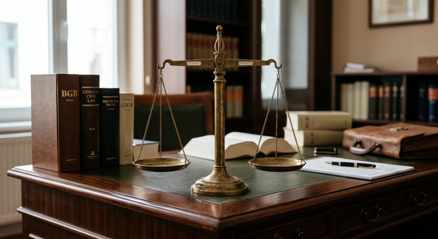 Eine Waage der Justiz auf einem stilvollen Holztisch mit einigen aufgeschlagenen Büchern im Hintergrund, die die sorgfältige Abwägung verschiedener Faktoren bei der Berechnung von Schmerzensgeld symbolisiert.