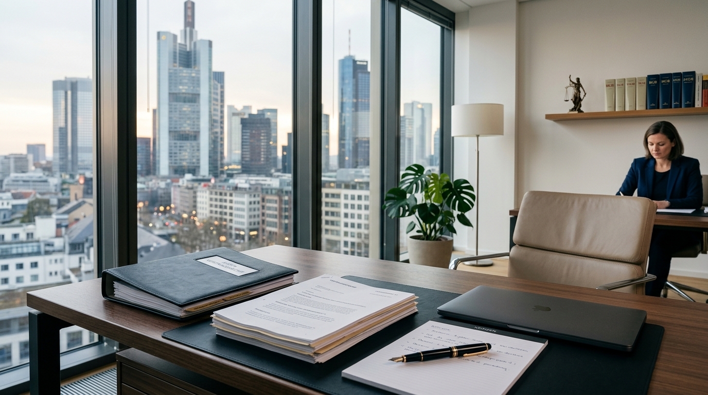 Eine moderne, helle Anwaltskanzlei mit Blick auf eine Stadtlandschaft, die Professionalität und Kompetenz ausstrahlt, symbolisiert die erste Orientierung im Fall einer Gehirnerschütterung und den Anspruch auf Schmerzensgeld.