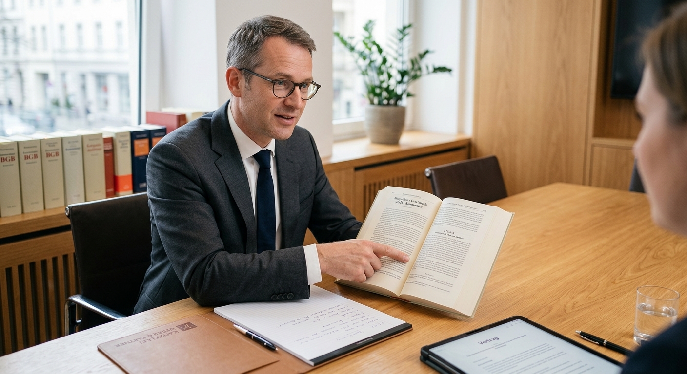Ein Jurist oder Anwalt in einem Beratungsgespräch, der auf ein Gesetzbuch zeigt, um die juristische Bedeutung einer Gehirnerschütterung und die Rechtsgrundlagen für Schmerzensgeldansprüche zu erklären.