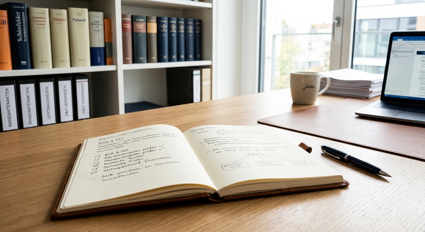 Ein Schreibtisch, auf dem ein geöffnetes Notizbuch mit einer detaillierten Liste und einem Stift liegt, um die Wichtigkeit der Dokumentation von Symptomen und des Führens eines Schmerztagebuchs zu betonen.