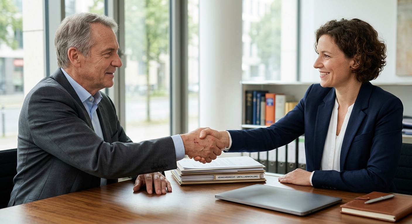 Anwalt und Klient schließen Vereinbarung nach Fahrradunfall.