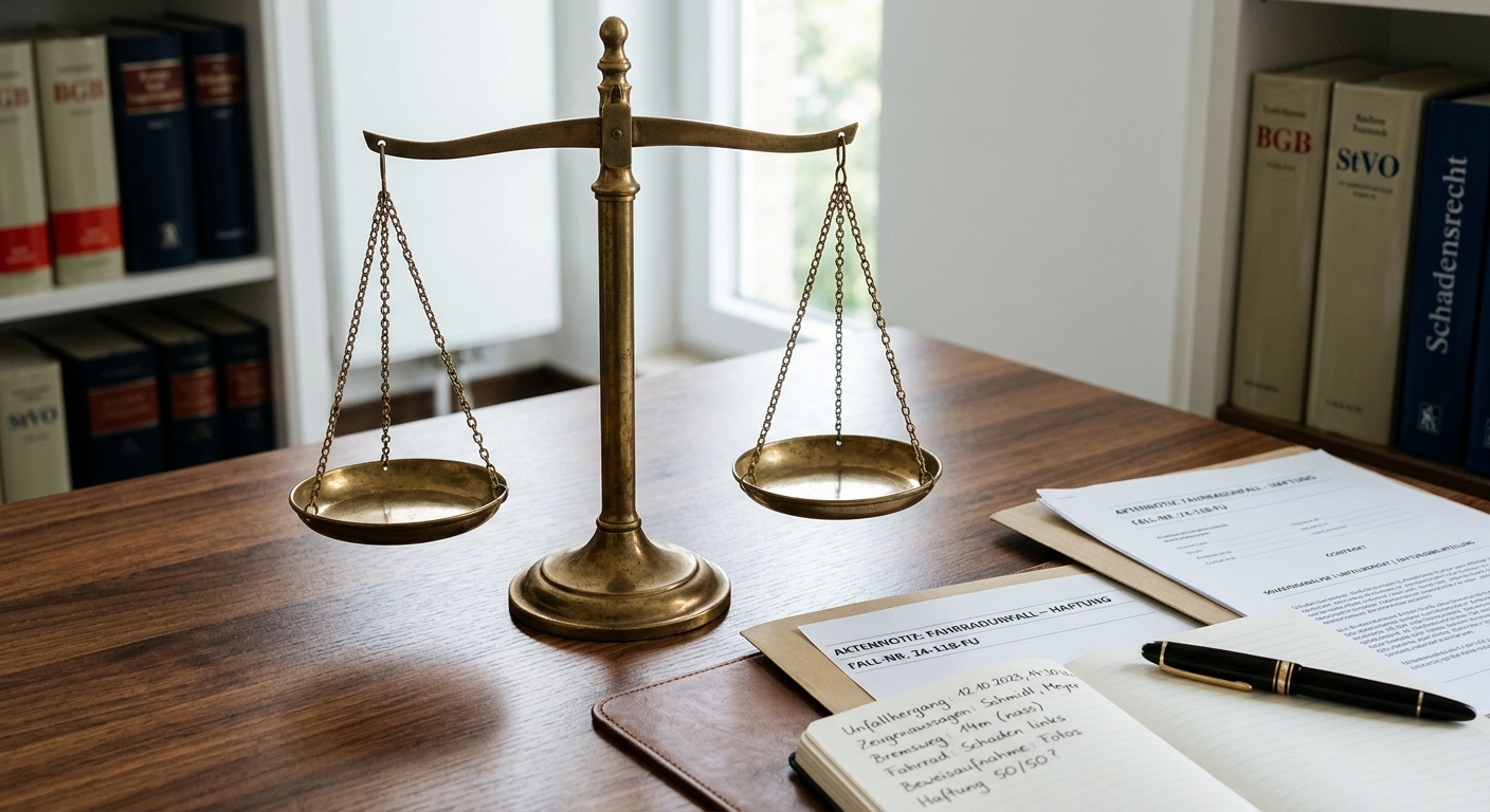 Justizwaage symbolisiert faire Haftung nach Fahrradunfall.