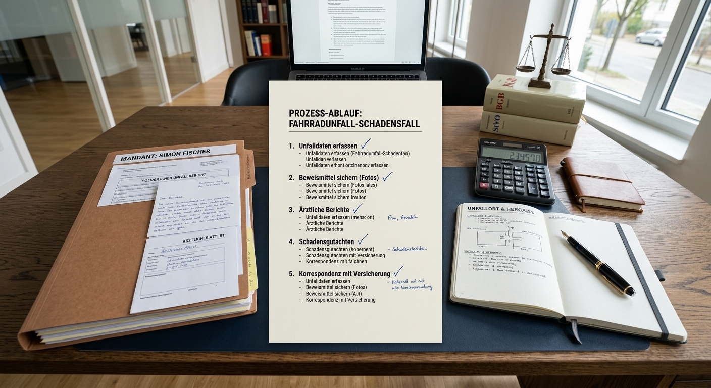 Schreibtisch mit Checkliste für Schadensregulierung nach Fahrradunfall.