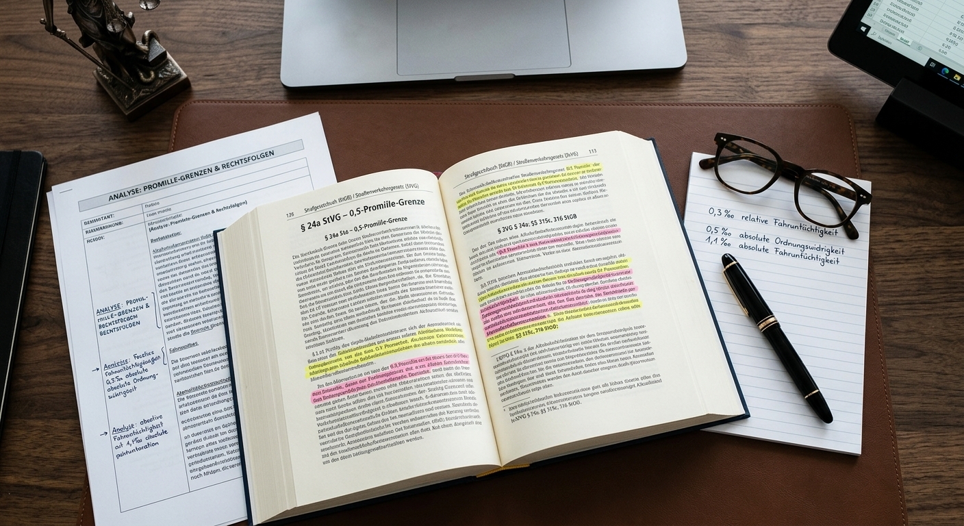 Rechtliche Dokumente und Paragraphen zeigen Promillegrenzen.