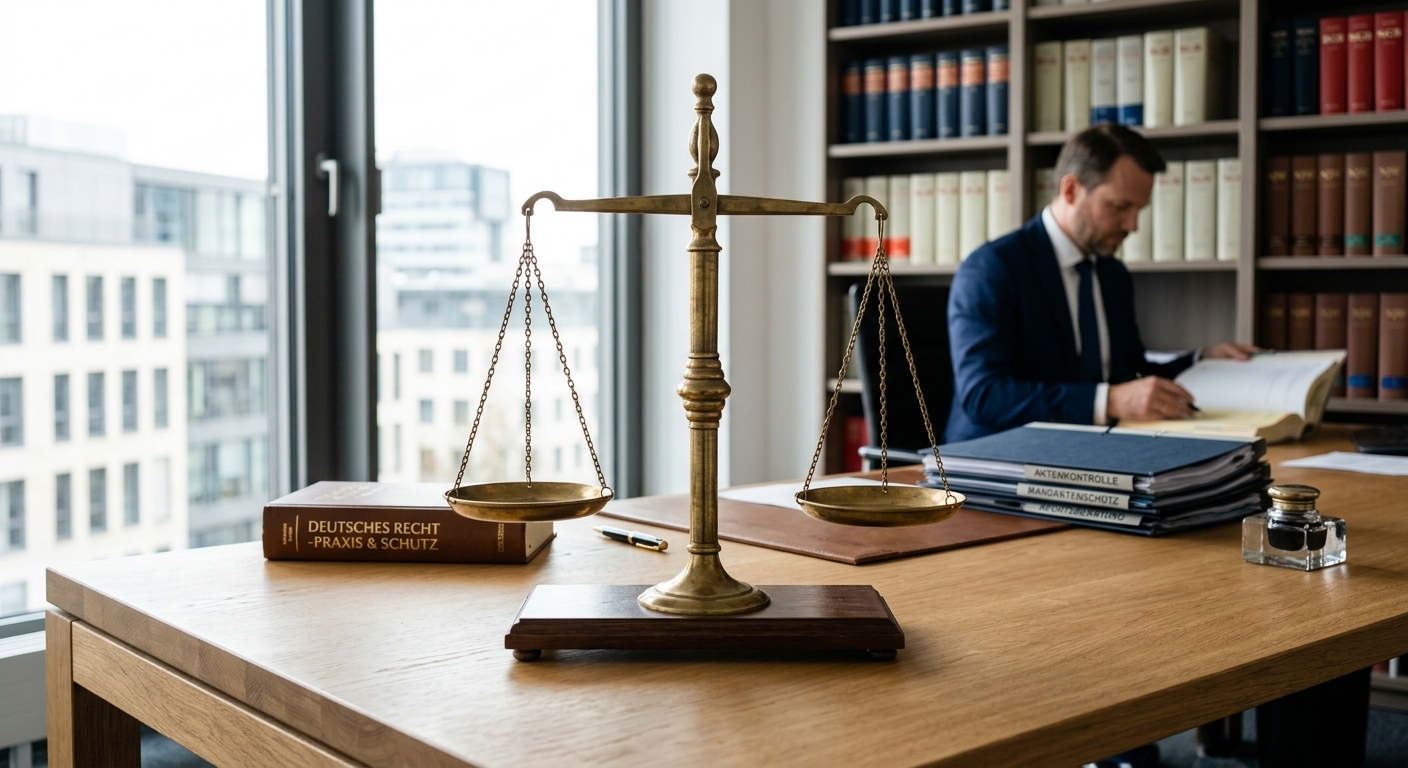 Justizwaage auf Schreibtisch symbolisiert Rechte Unfallzeuge