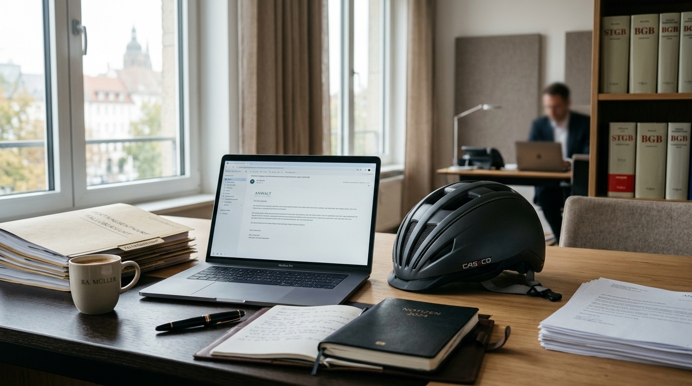 Fahrradhelm liegt auf Schreibtisch neben Laptop, Dooring-Unfall.