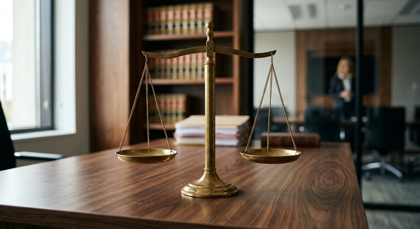 Justizwaage auf Schreibtisch, symbolisiert Dooring-Unfall-Gerechtigkeit.