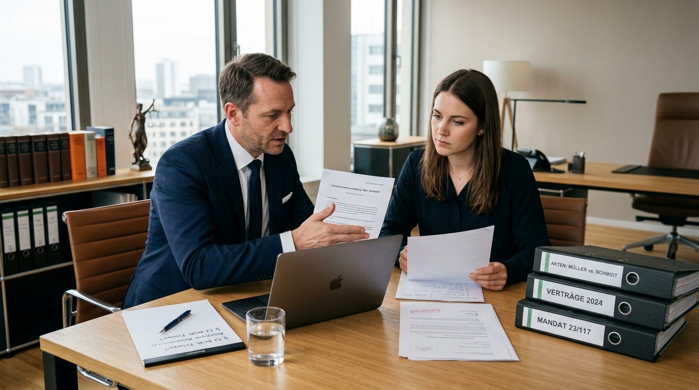 Professionals besprechen gekürztes Gutachten mit Laptop und Aktenordnern.