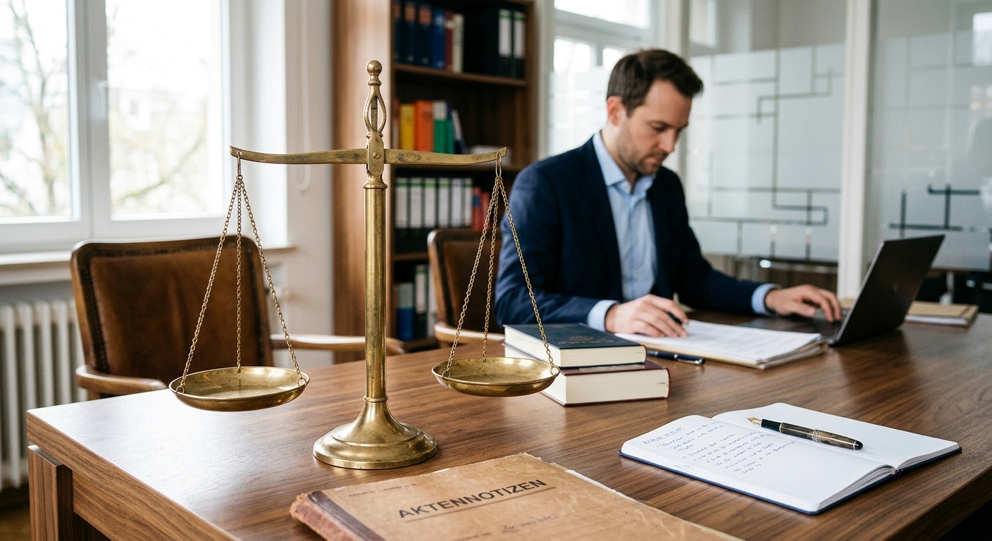 Justizwaage auf Schreibtisch symbolisiert Gerechtigkeit bei Gutachten gekürzt.