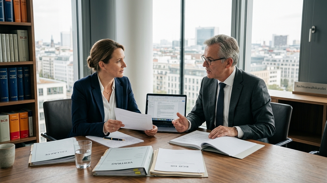 Professionelle in Business-Kleidung besprechen KFZ-Gutachten Kosten an einem Tisch.