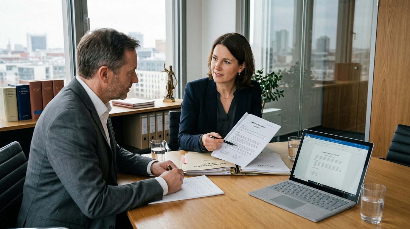 Professional in business attire erklärt Schmerzensgeld Knochenbruch am Konferenztisch.