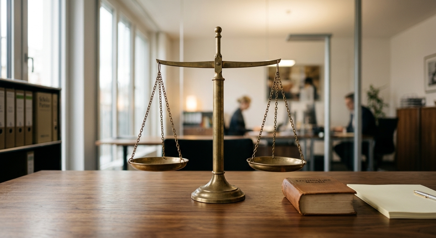 Justizwaage auf Schreibtisch symbolisiert faire Schmerzensgeld Knochenbruch Entschädigung.
