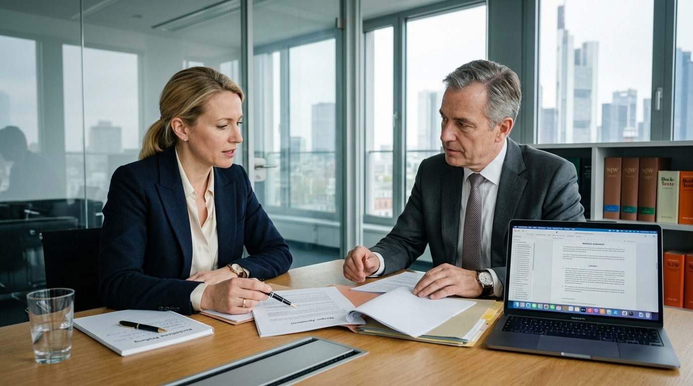 Zwei Personen besprechen Werkstattbindung Dokumente an einem Konferenztisch.
