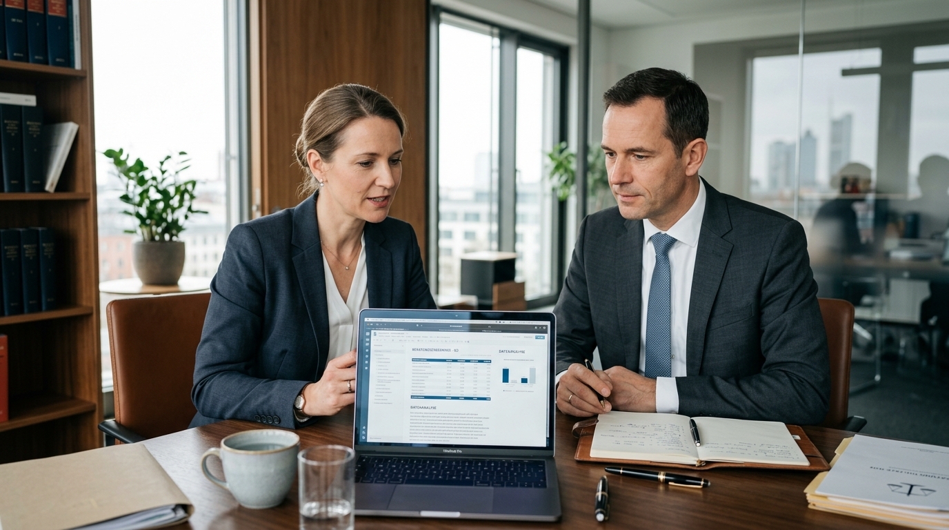 Professionals besprechen Schmerzensgeldtabelle Verkehrsunfall auf Laptop im Konferenzraum.
