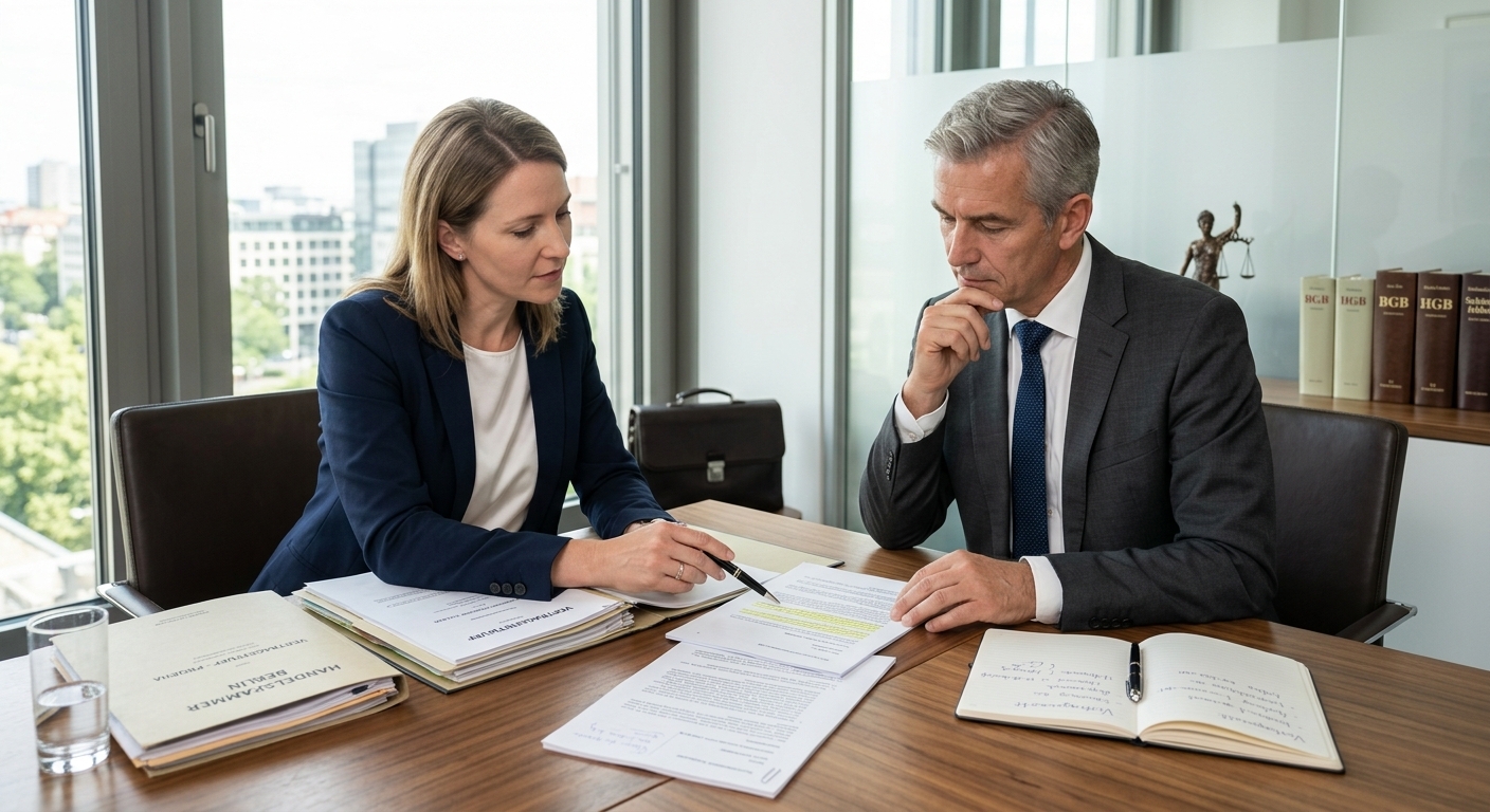 Zwei Personen besprechen Schmerzensgeldtabelle Verkehrsunfall mit Aktenordnern am Tisch.