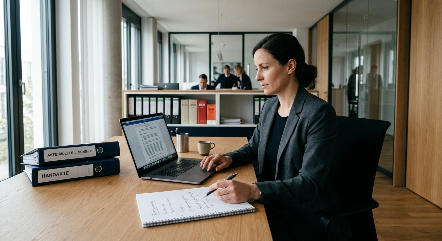 Fokussierte Person recherchiert Schmerzensgeldtabelle Verkehrsunfall auf Laptop am Schreibtisch.