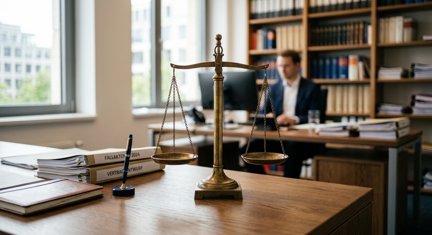 Justizwaage auf einem Schreibtisch, symbolisiert die Folgen eines Unfalls.