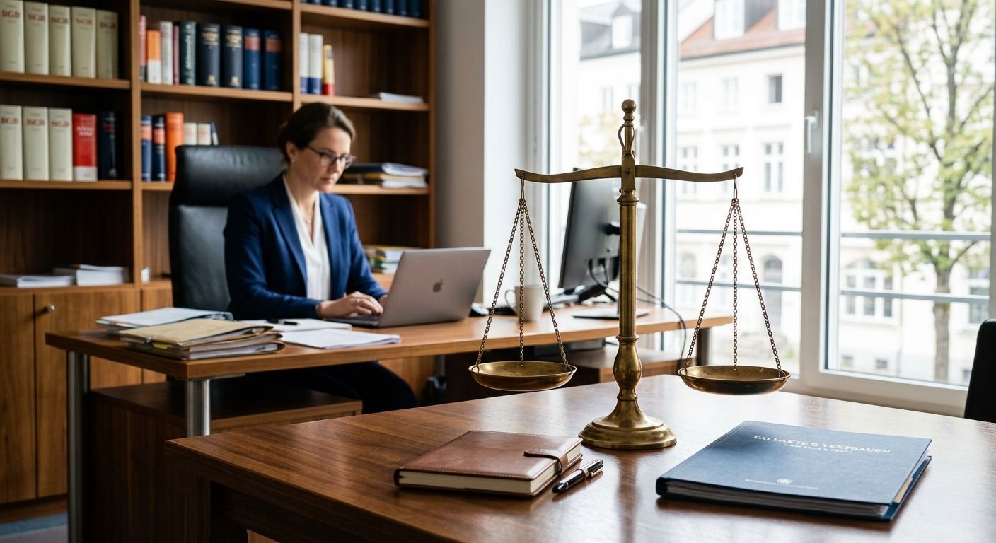 Justizwaage auf Schreibtisch symbolisiert Restwertbörse Versicherung Restwertangebot.