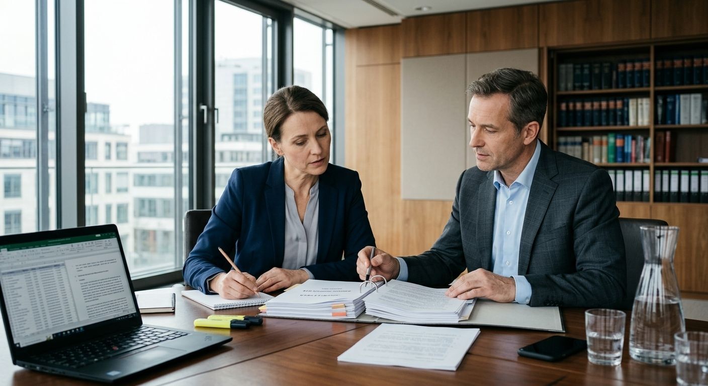 Zwei Personen besprechen Auffahrunfall Haftung an einem Konferenztisch.