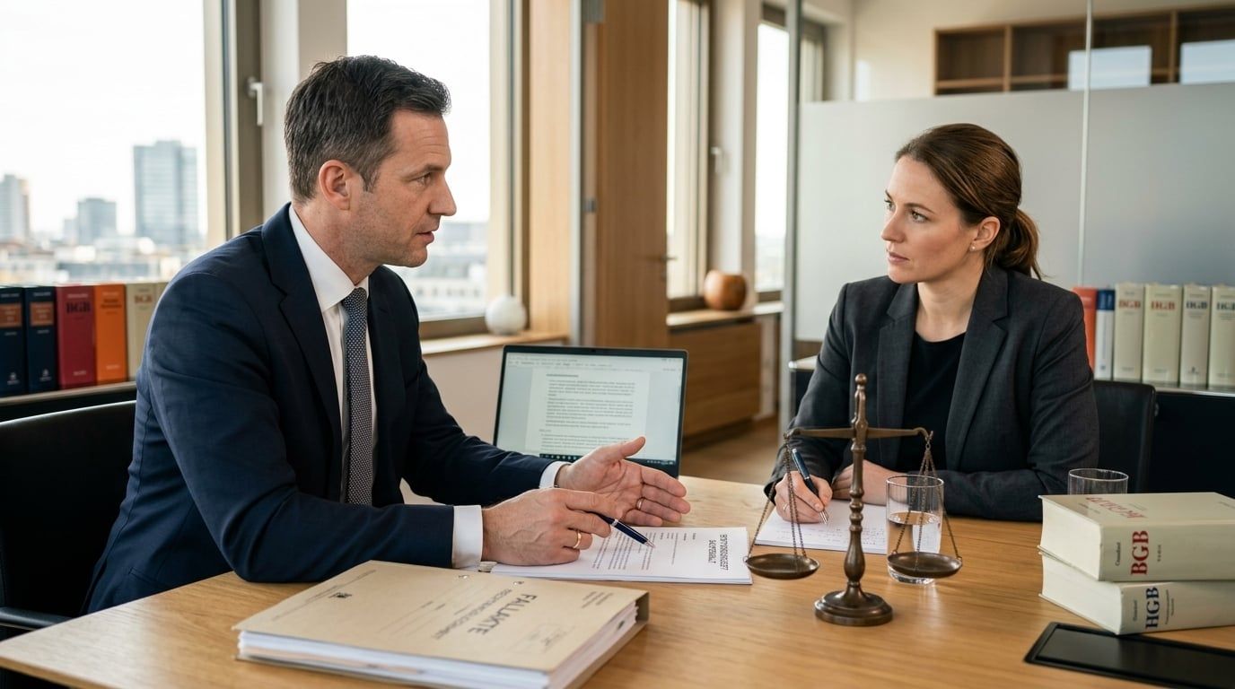 Professional in business attire erklärt Haftung mit Justizwaage.