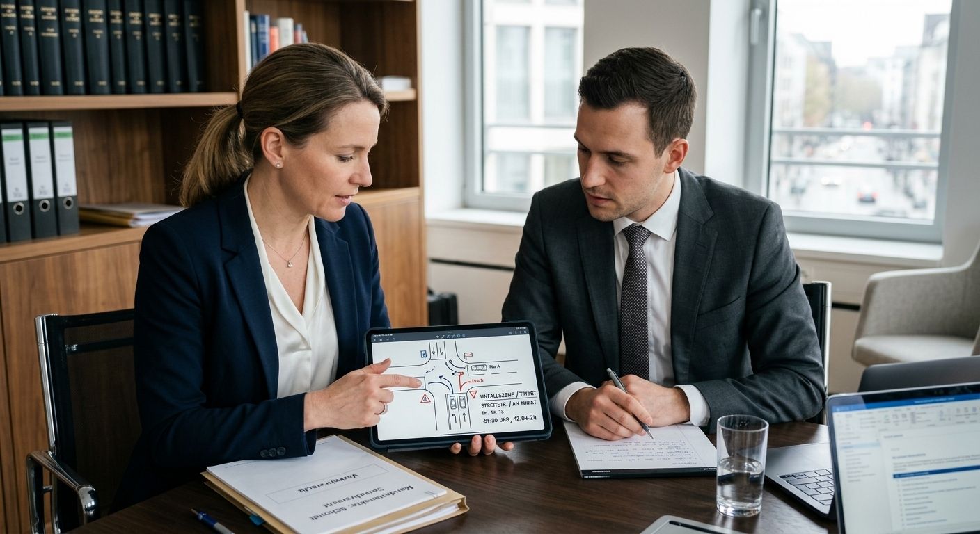 Zwei Personen analysieren Unfall beim Abbiegen-Skizze auf einem Tablet.