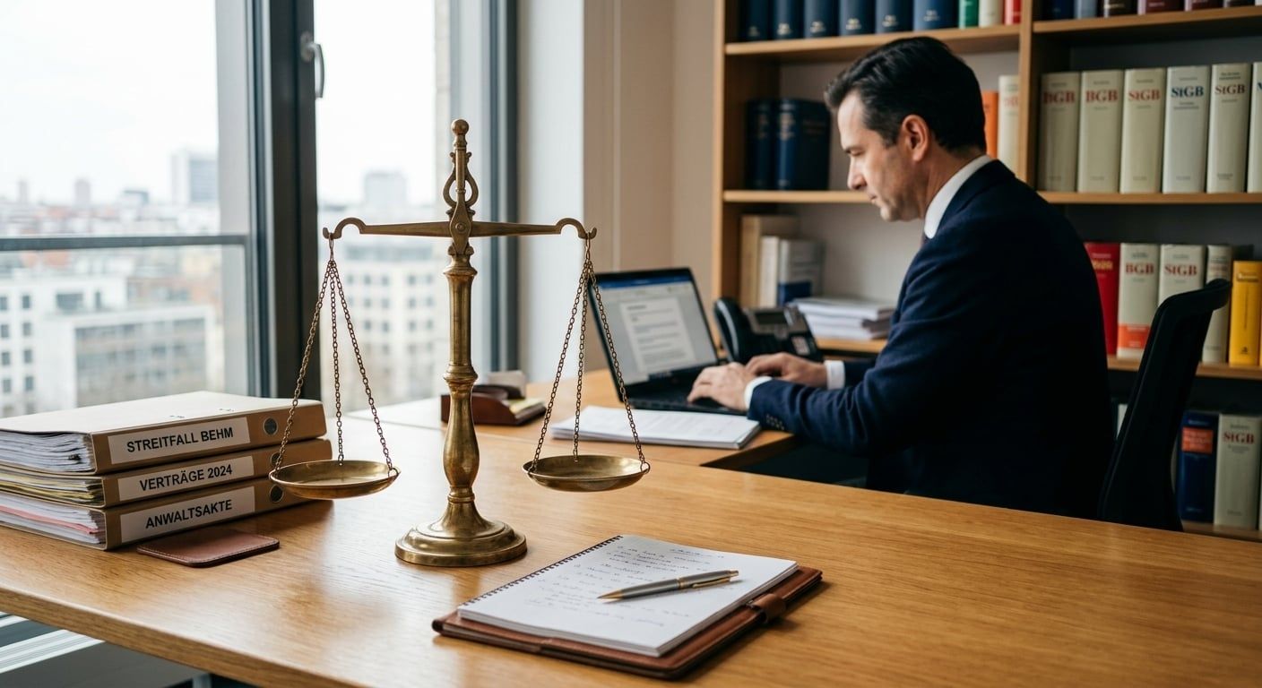Justizwaage auf Schreibtisch symbolisiert Gerechtigkeit nach Unfallgegner ohne Versicherung.