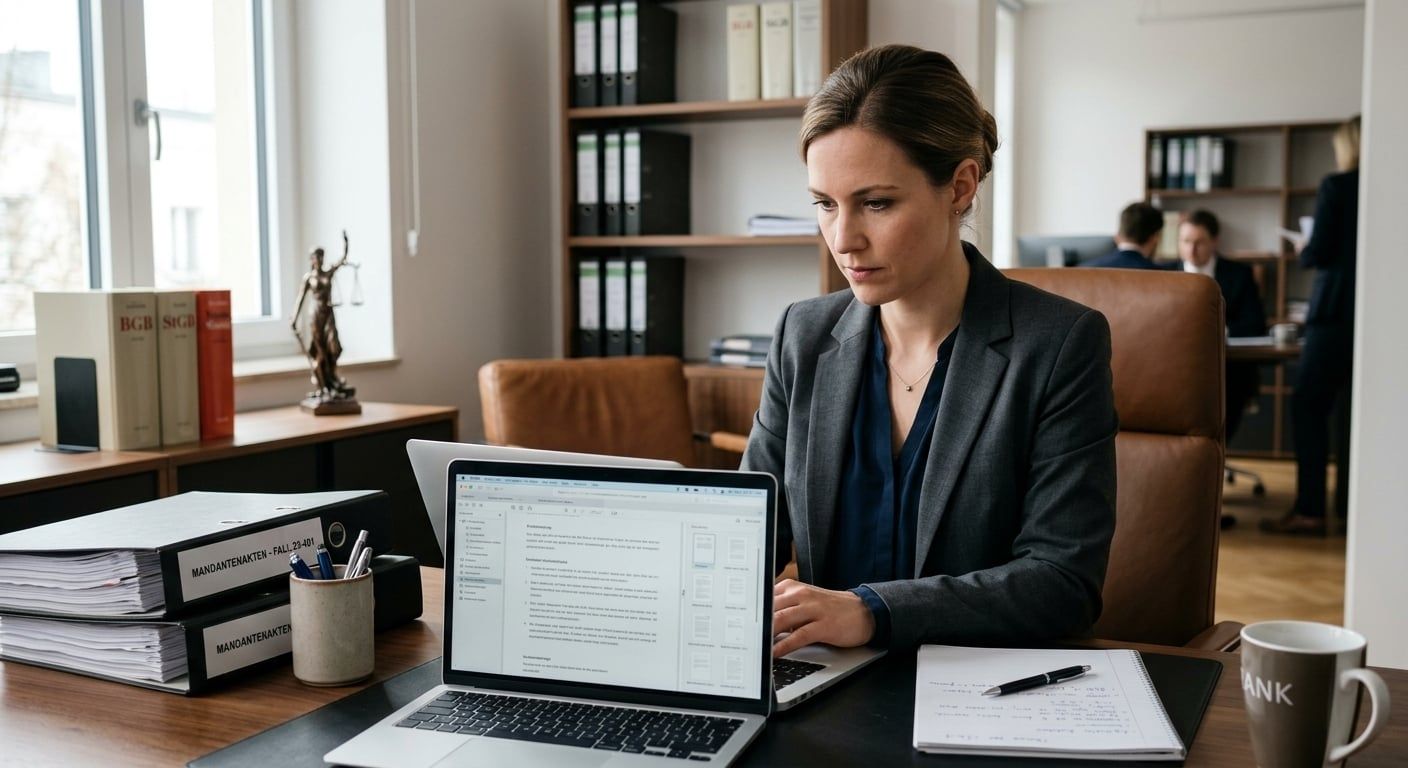 Fokussierte Person arbeitet am Laptop, recherchiert Informationen über Unfallgegner.