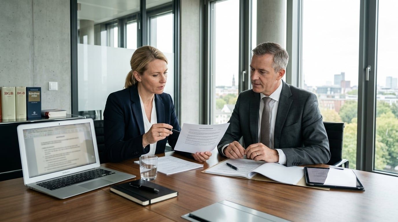 Professionals besprechen Dokumente in einem modernen Konferenzraum über Unfallgegner.