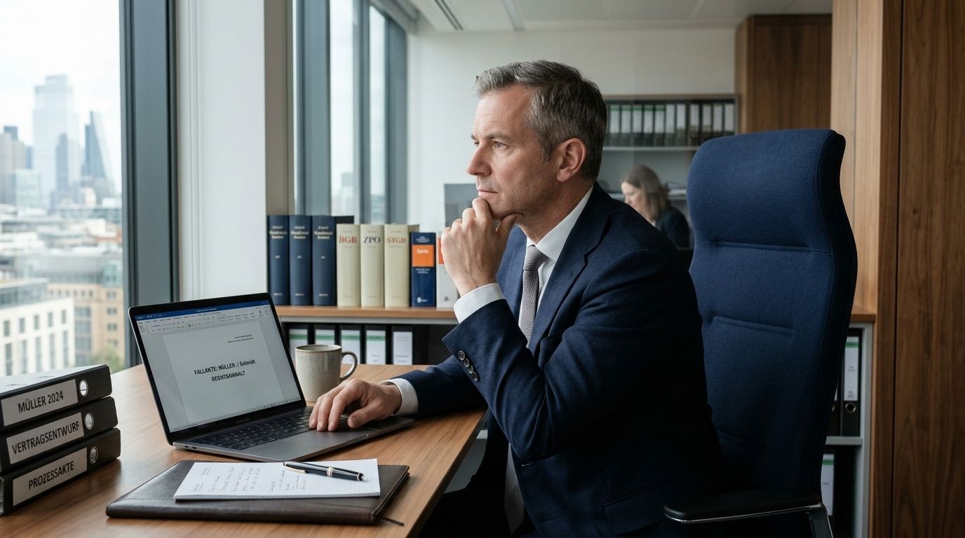Eine Person in Business-Kleidung sitzt nachdenklich an einem Schreibtisch mit Laptop und Aktenordnern.