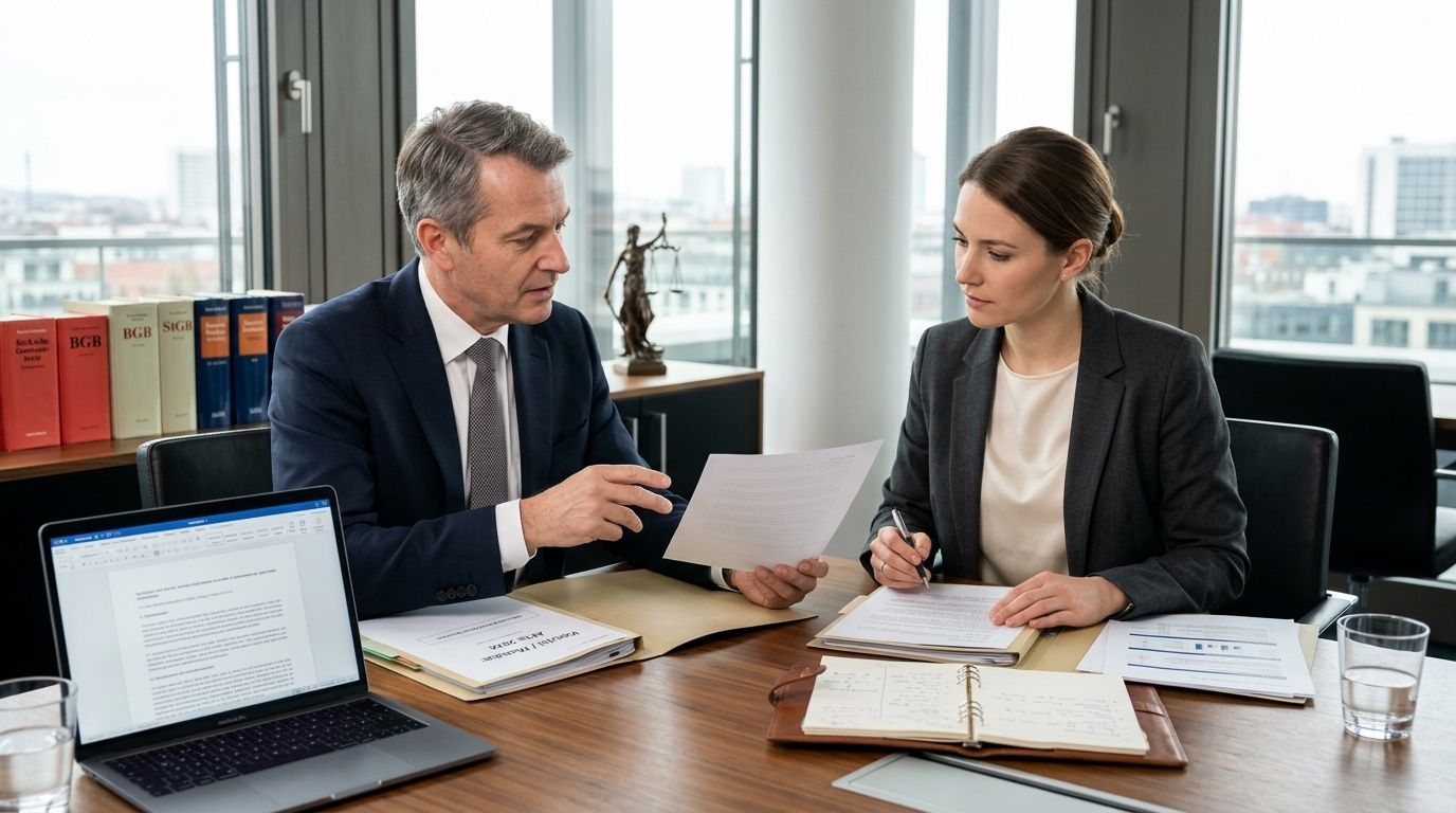 Zwei Personen in Business-Kleidung besprechen wichtige Dokumente an einem Schreibtisch.