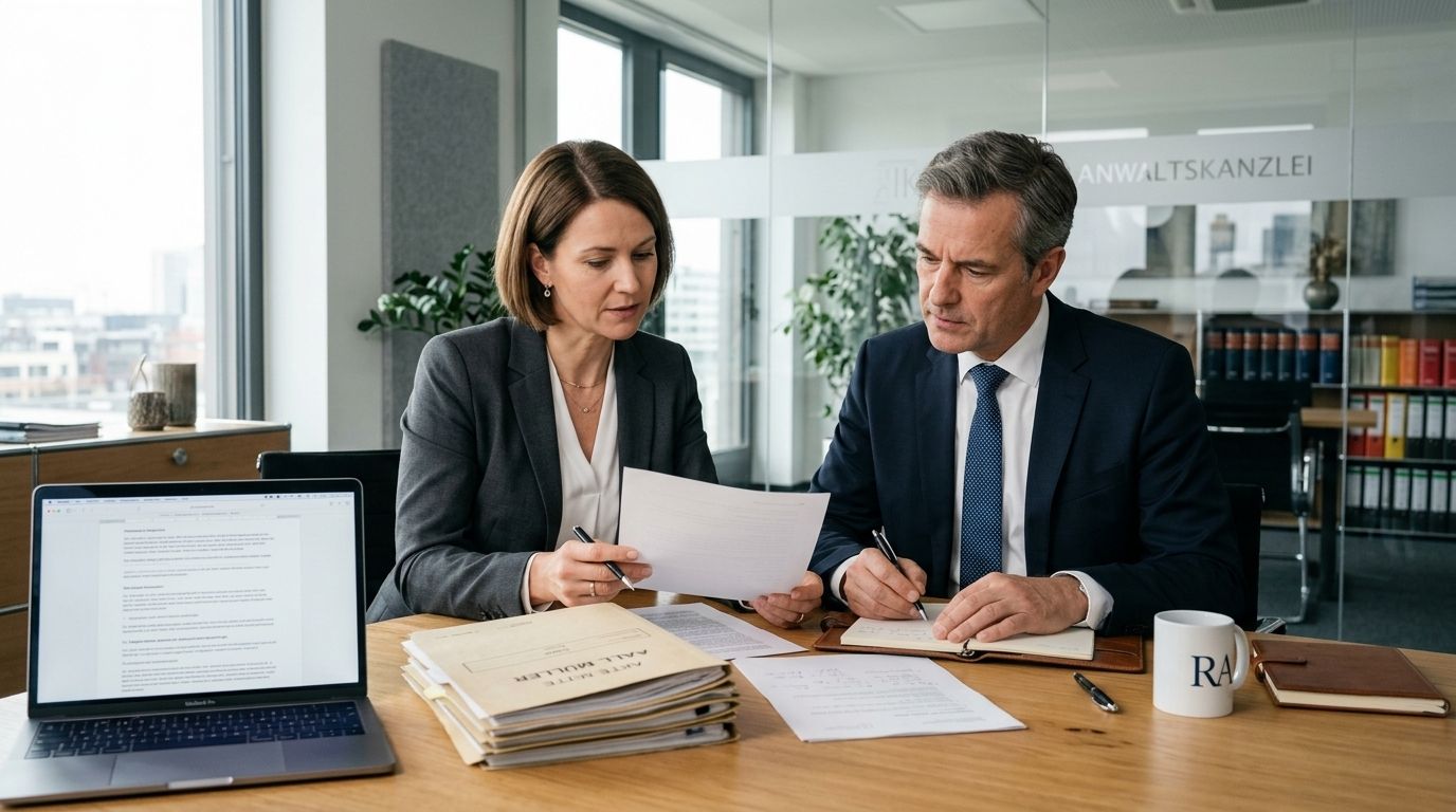 Zwei Personen besprechen am Schreibtisch strittige Unfallunterlagen.