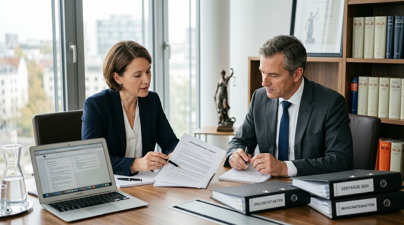 Zwei Personen in Business-Kleidung besprechen Dokumente an einem Konferenztisch.