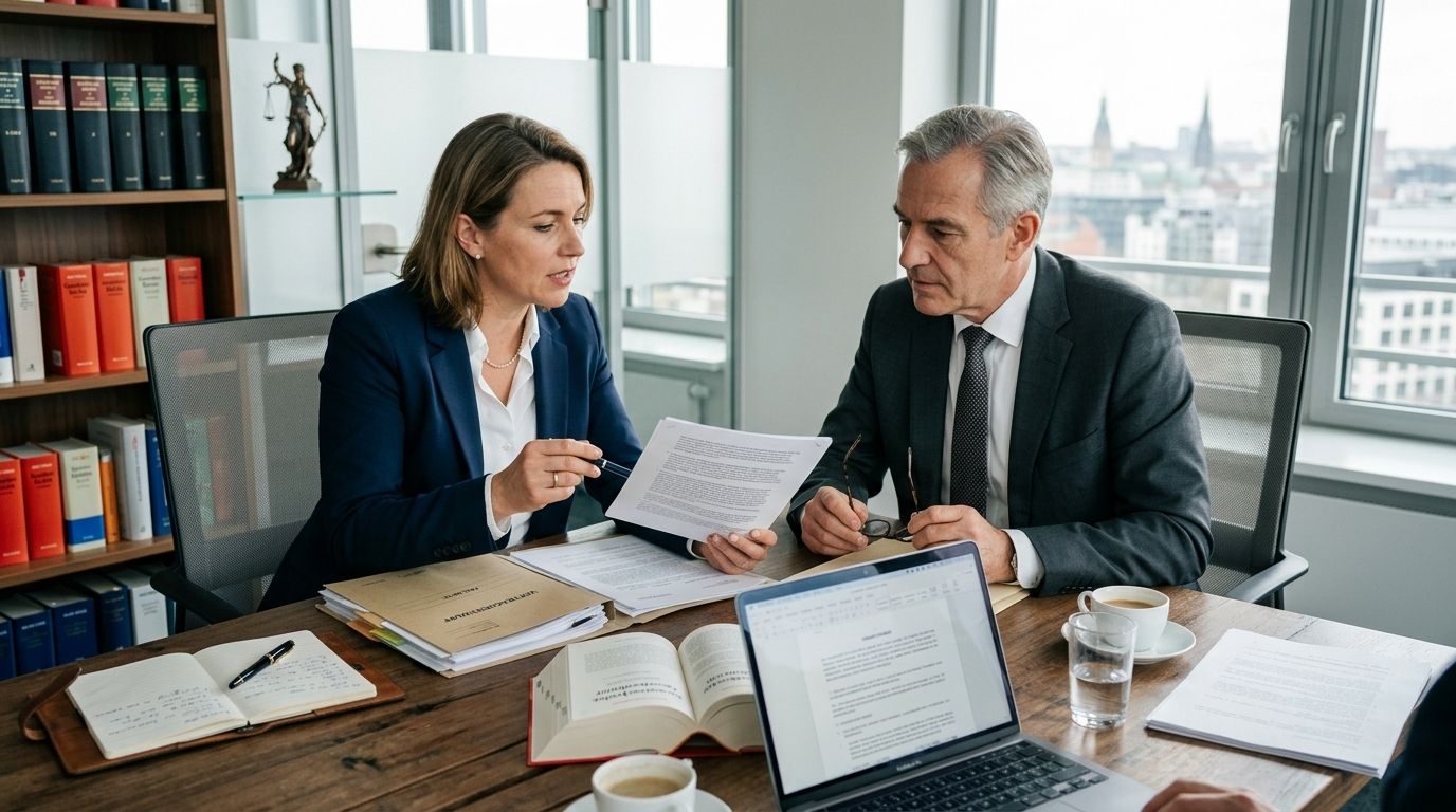 Zwei Personen besprechen am Schreibtisch strittige Unfallunterlagen.