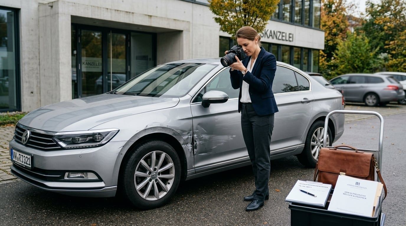 Eine Person in Business-Kleidung macht Fotos von einem beschädigten Fahrzeug.
