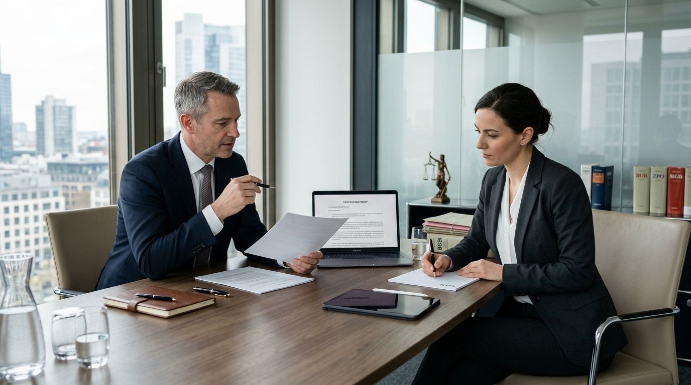 Zwei Personen in Business-Kleidung besprechen Dokumente an einem Konferenztisch.