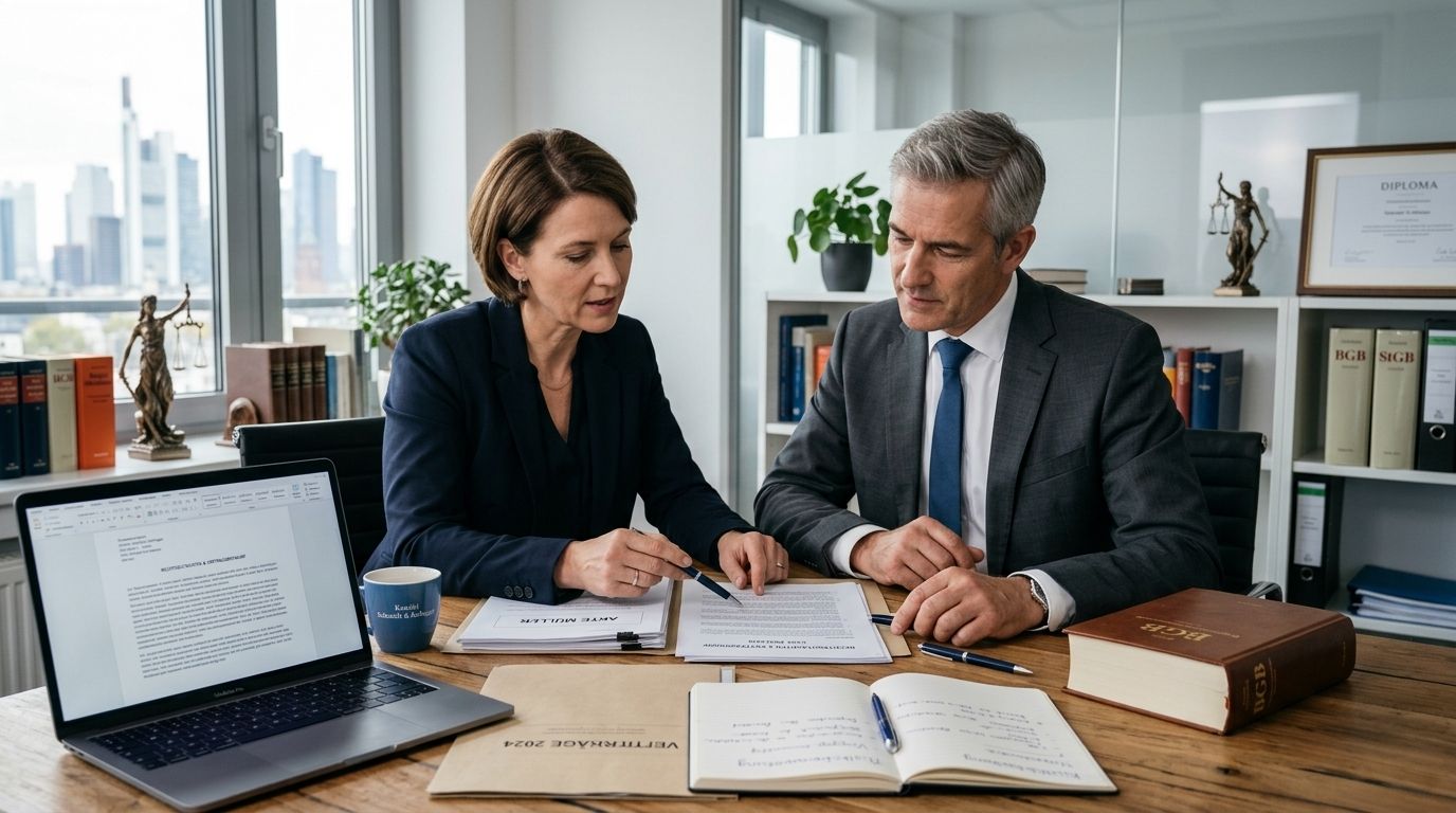 Zwei Personen besprechen am Schreibtisch strittige Unfallunterlagen.