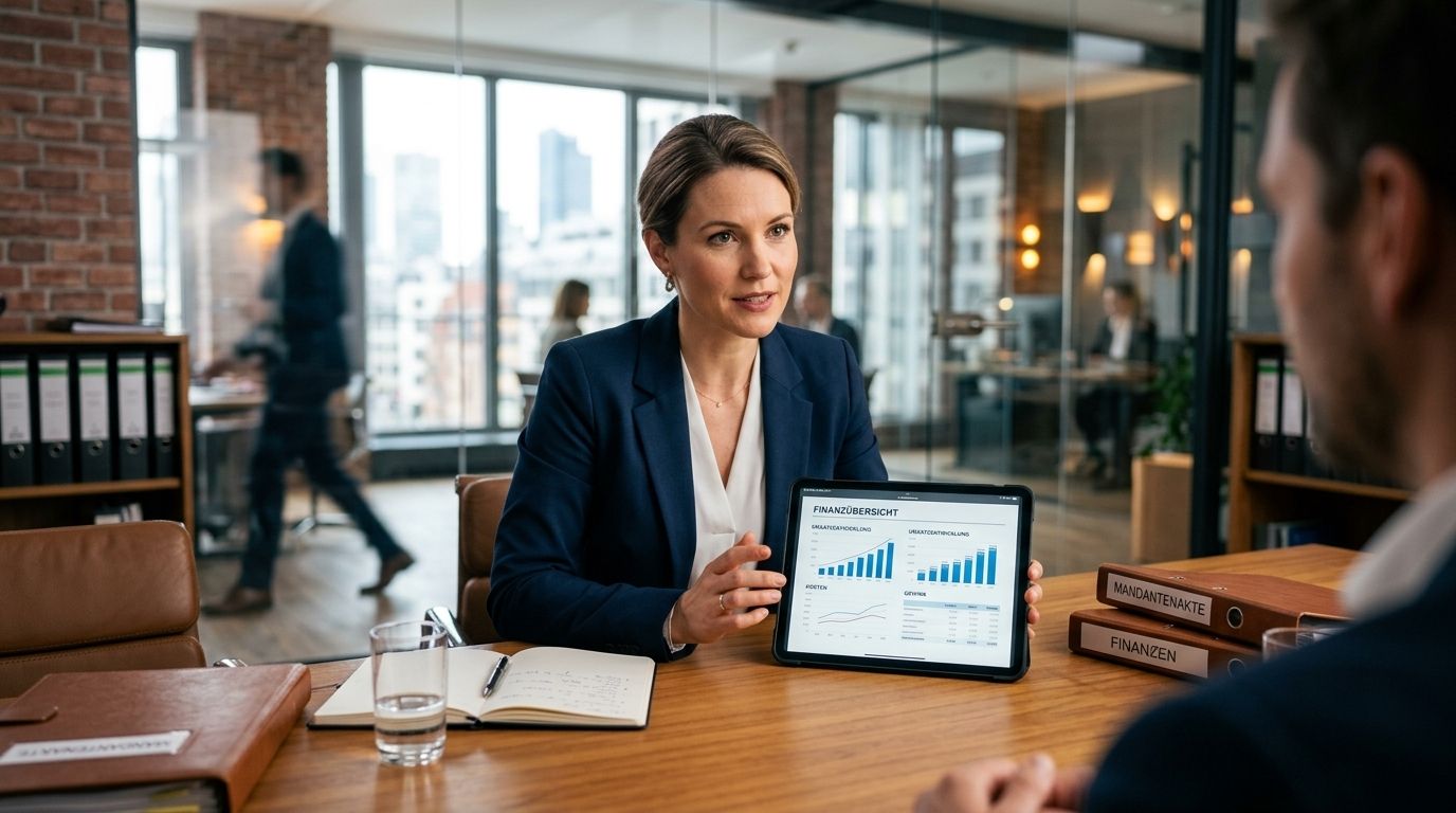 Eine Person in Business-Kleidung präsentiert eine Finanzübersicht auf einem Tablet.
