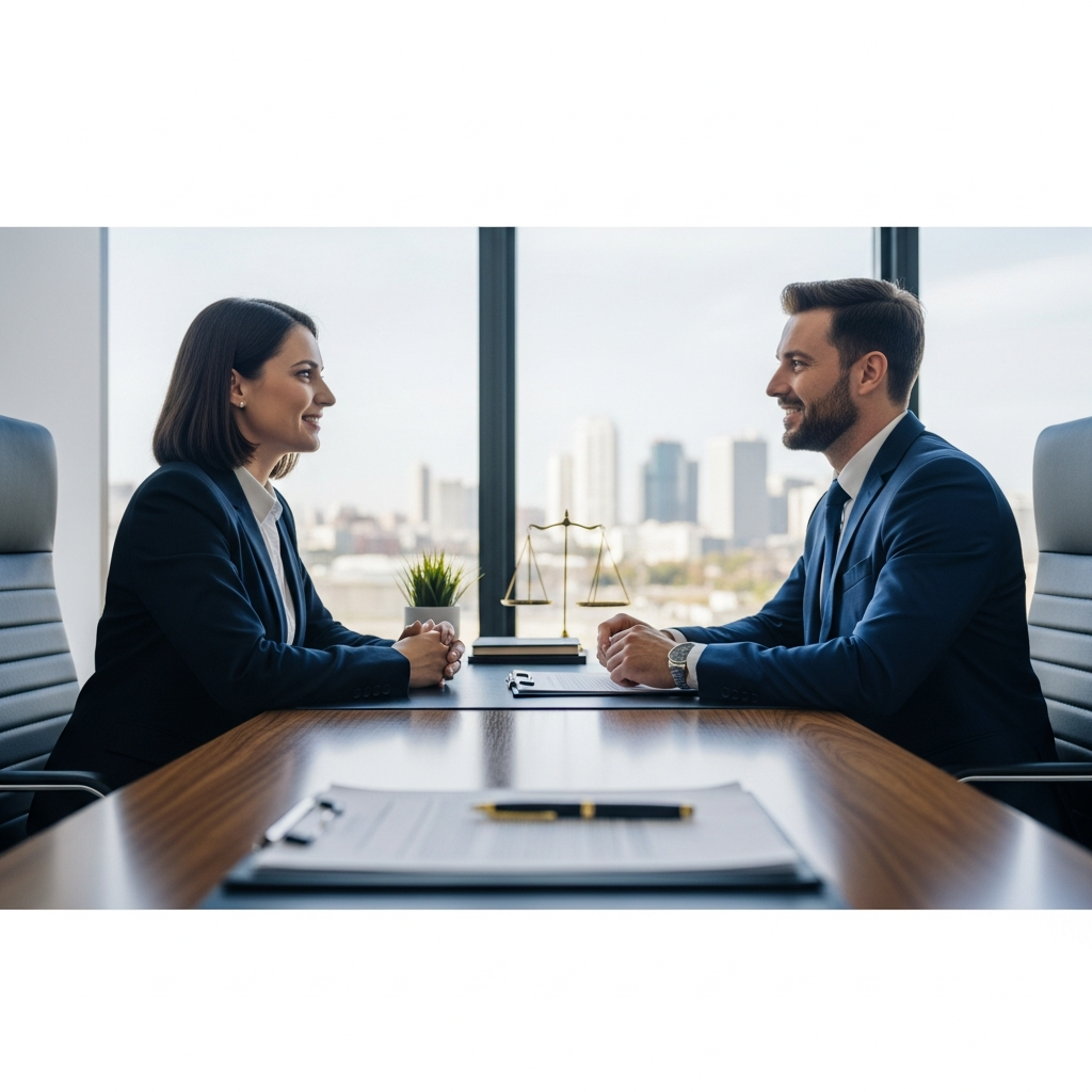 Eine ruhige Büroansicht, die einen Moment der Professionalität und des Neuanfangs nach einer schwierigen Situation symbolisiert. Im Vordergrund sind leicht verschwommene Unterlagen und ein Stift auf einem modernen Schreibtisch zu sehen. Im Hintergrund, ebenfalls leicht unscharf, sitzt ein Anwalt, der mit einem Klienten in einem freundlichen und unterstützenden Gespräch ist, vielleicht mit Blick auf eine Stadtkulisse durch ein Fenster. Die Szene strahlt Vertrauen und Orientierung aus.