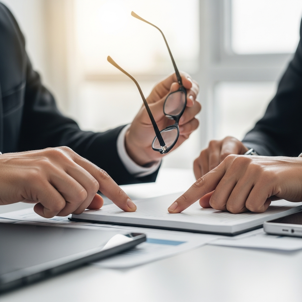 Eine Nahaufnahme von Händen, die sich über einem Notizblock bei einem Beratungsgespräch treffen. Eine Hand könnte eine Brille halten, die andere deutet auf eine wichtige Stelle im Text. Der Fokus liegt auf der Interaktion und dem Vertrauen zwischen Anwalt und Klient. Die Szene ist hell, freundlich und professionell.
